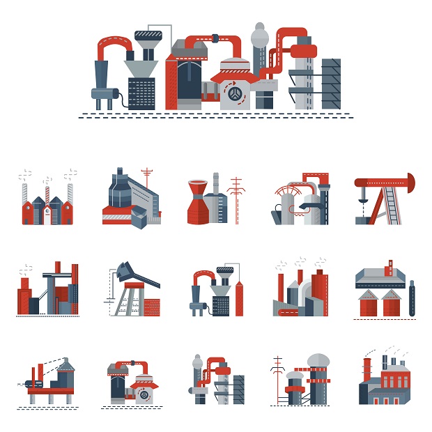 Industrial factories flat color vector icons